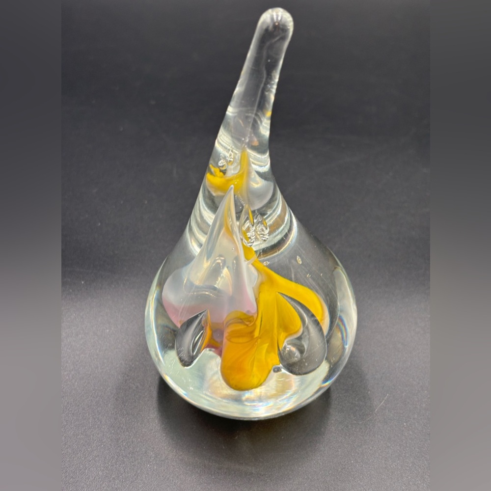 Vintage Adam Jablonski Teardrop Yellow And Pink Paperweight Art Glass Signed